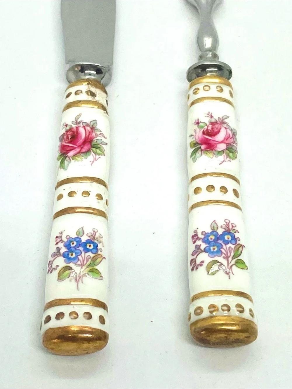 ⁠Royal Crown Derby Posies Fruit Knife Fork Set Gold Accents Porcelain Handle VTG